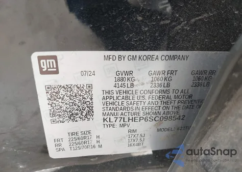 2025 Chevrolet Trax Fwd Lt z USA, uszkodzony, nr VIN KL77LHEP6SC098542